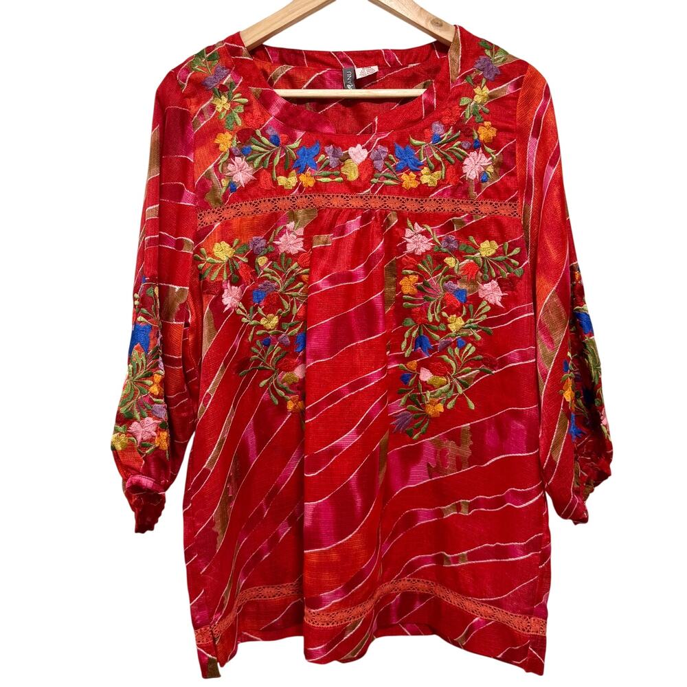 Anu Red Embroidered Blouse S/M Boho Artisan Vintage Floral India Top